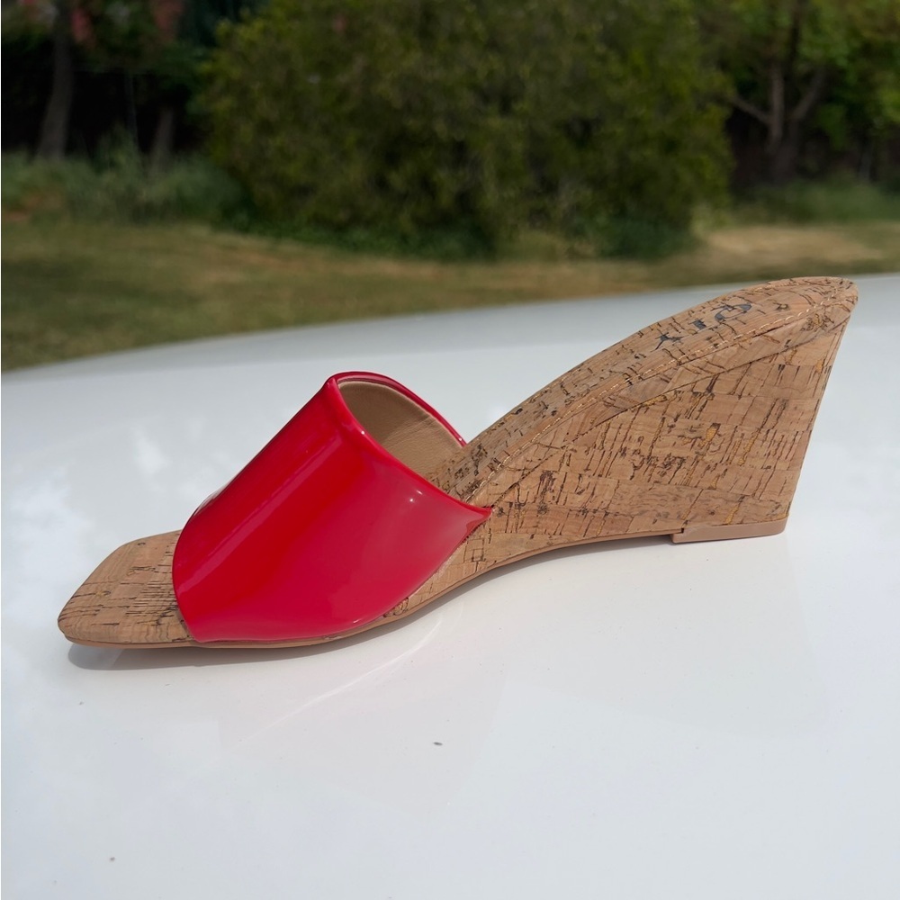 Glossy Red Patent Cork Wedge Slide - Women - Picture 7 of 8